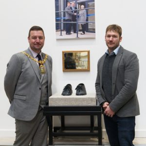 Alex Latham and the Mayor of Sandwell with Brian Clark's plaque