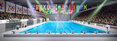 Computer generated image of the Sandwell Aquatics Centre swimming pool with international flags hanging at one end and an audience on two sides of the pool