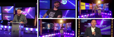 A selection of photos from the Black Country Chamber of Commerce Business Awards 2020 showing speakers behind a podium infant of a bank of TV screens.