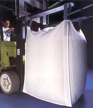 Large white manufacturer's packaging on a forklift truck