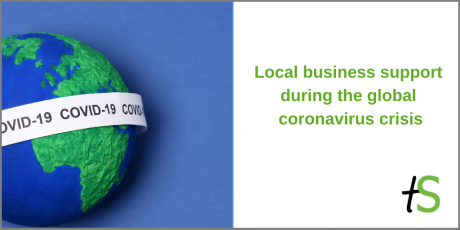 One half of the image shows a model of the earth with a banner around it saying Covid-19, the other half has text on a white background saying "Local business support during the global coronavirus crisis".