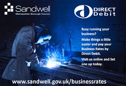 An advert by Sandwell Council for businesses to pay their business rates by direct debit