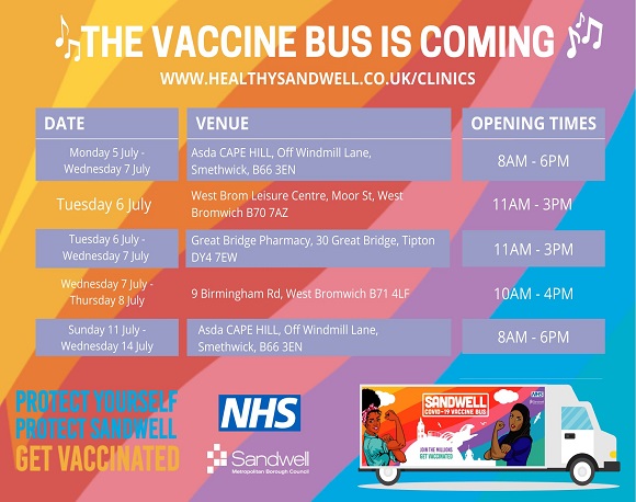 The vaccine bus is coming a poster giving details of vaccination dates and venues which you can also find in the body of this article