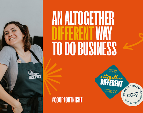 A photo of a smiling co-op worker with the text 'An altogether different way to do business'