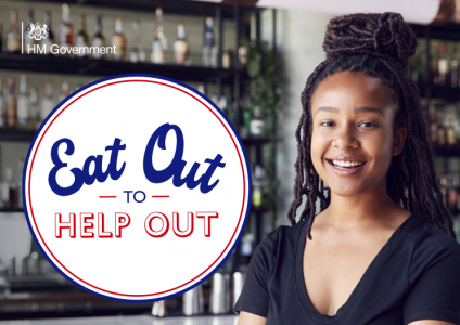 Eat Out to Help Out logo on a photo of a smiling girl in a bar