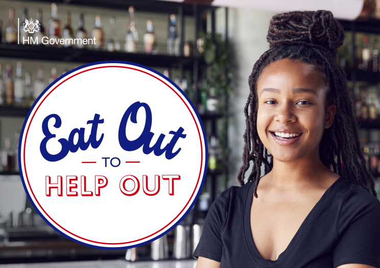 Eat Out to Help Out logo on a photo of a smiling girl in a bar