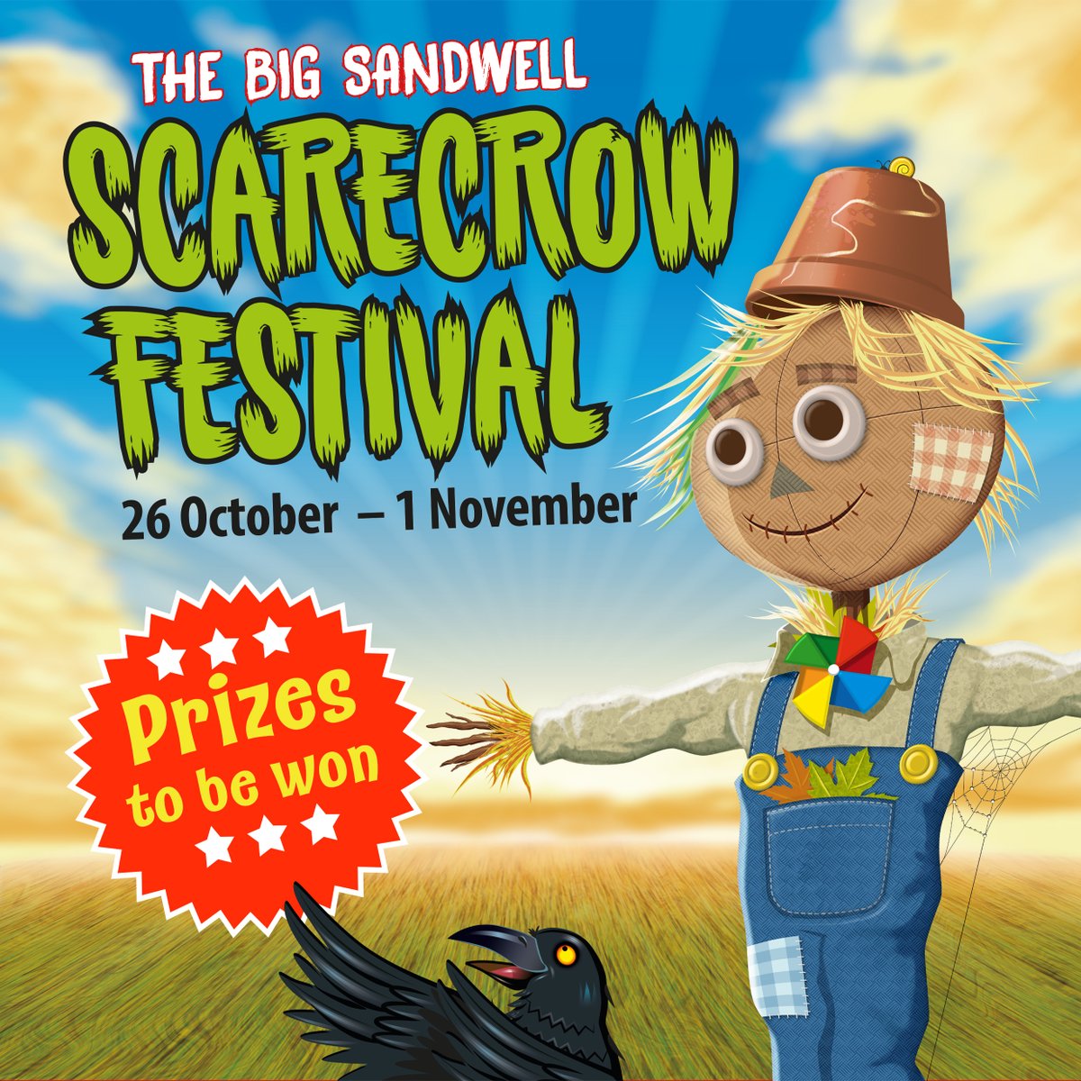 A poster for the Sandwell Scarecrow Festival with a cartoon image of a scarecrow and a crow in a field with the text "Prizes to be won".