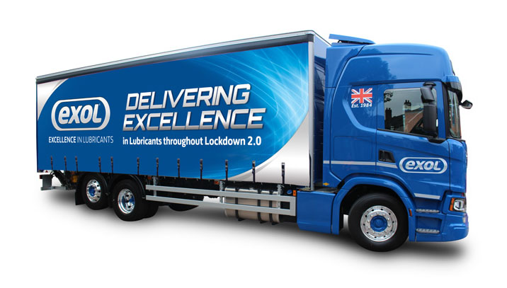 A blue Exol Lubricants lorry on a white background