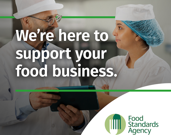 Two people in catering safety outfits with the FSA logo and text reading 'We're here to support your food business'.