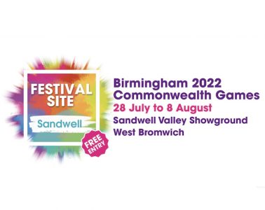 Text: Festival Site, Sandwell - Birmingham 2022 Commonwealth Games, 28 July to 8 August, Sandwell Valley Showground, West Bromwich