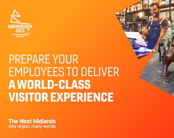 White text on an orange background: prepare your employees to deliver a world-class visitor experience, the West Midlands, One region, many worlds. With the Birmingham 2022 logo and a photo of smiling man.