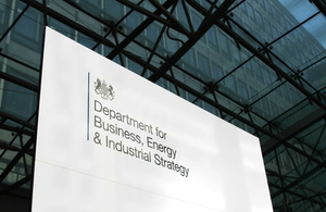 A sign saying Department for Business, Energy and Industrial Strategy with a government logo. 