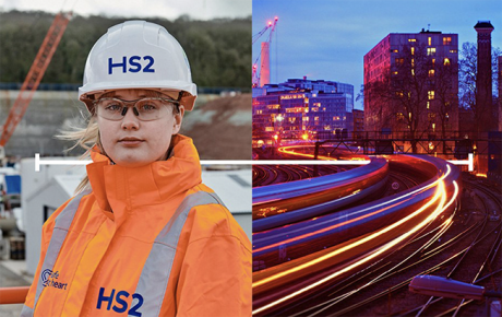 Two photos - the left hand side is a person in an orange high vis jacket with hard hat and the right hand side is a railway line in front of city buildings lit up with streaks of light