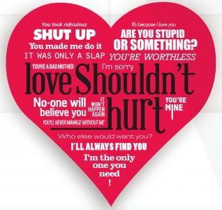 Love shouldn't hurt word cloud showing lots of words and phrases on a red heart shaped background