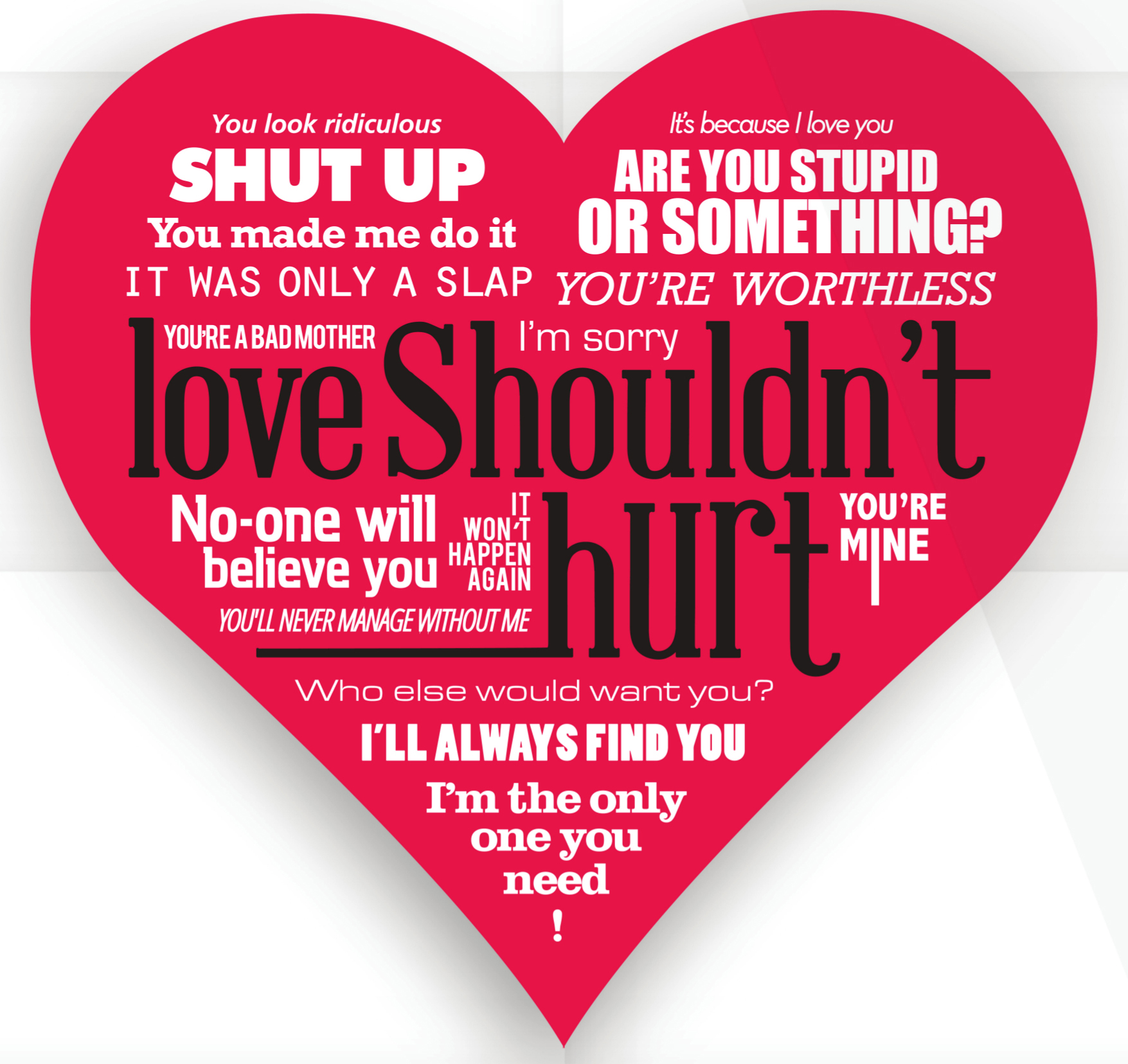 A red heart containing the text 'love shouldn't hurt' surrounded by phrases relating to abuse