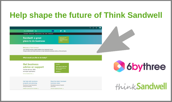 Help shape the future of Think Sandwell: thumbnail of website homepage and logos from 6bythree and Think Sandwell