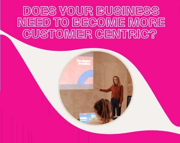 Text says: Does your business need to become more customer friendly? With an image of a white woman giving a presentation.