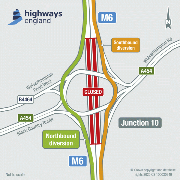 Map showing M6 Junction 10 closure and diversion with Highways England logo in the corner