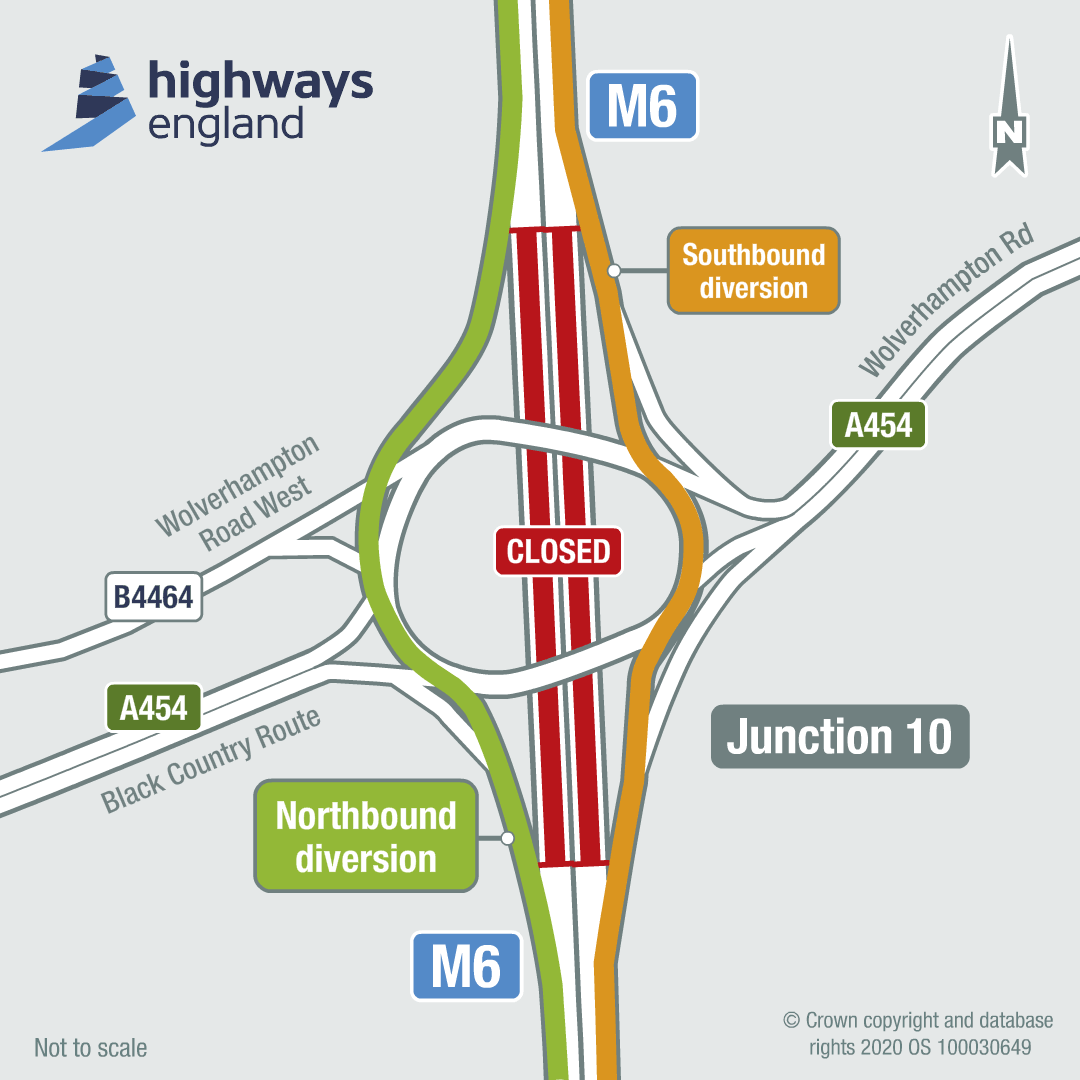 Diagram of M6 Junction 10 closure with a Highways England logo in the corner