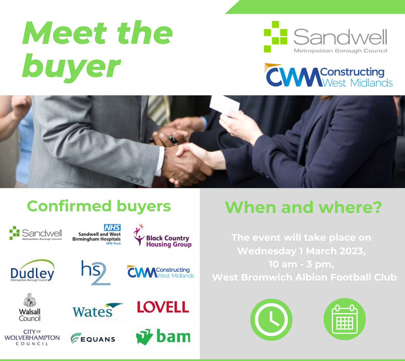 Meet the buyer: a close up of two people's hands shaking and exchanging business cards. Text: Meet the buyer, the event will take place on Wednesday 1 March 2023, 10am - 3pm, West Bromwich Albion Football Club