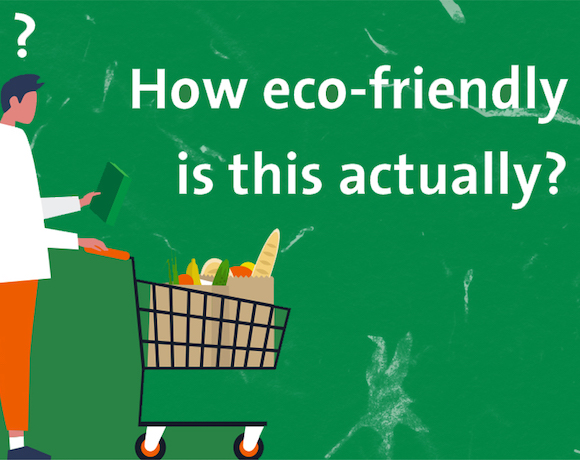 A cartoon drawing of a person pushing a shopping trolley with the text 'How eco-friendly is this actually?'