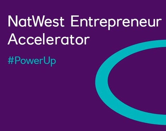 Text saying "NatWest Entrepreneur Accelerator #PowerUp" above a curved blue arc