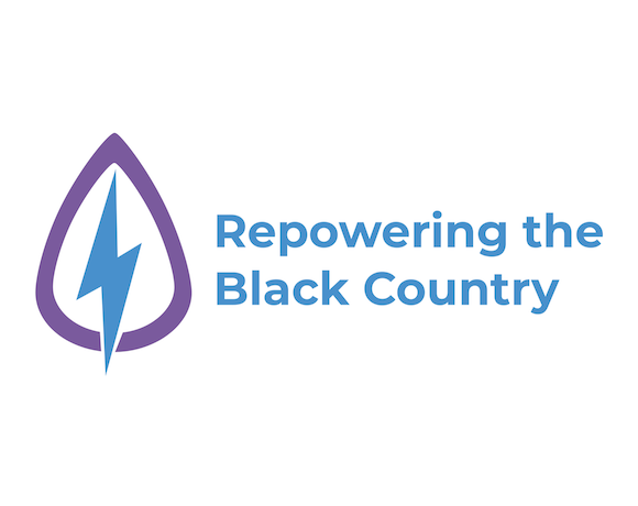 Repowering the Black Country logo: a purple egg shape with a blue lightening bolt