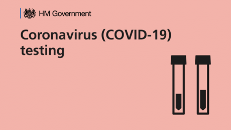 Government logo and text saying Coronavirus (Covid-19) testing on a pink background with a graphic of two test tubes