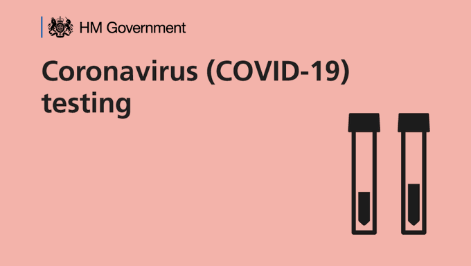 Black text on a pink background saying Coronavirus (Covid 19) testing and a graphic of two test tubes