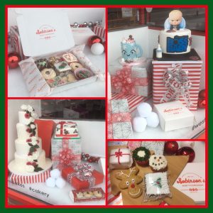 A photograph split into four showing Robinson’s Bakery's range of festive treat, gift and share boxes, cakes, gingerbread reindeers and other baked goods.