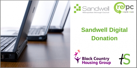 Sandwell Digital Donation banner with image of laptops and logos from Sandwell Council, REPC Ltd, Black Country Housing Group and Think Sandwell