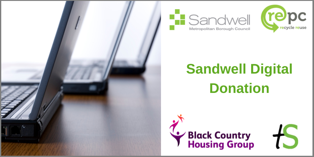 Sandwell Digital Donation banner with image of laptops and logos from Sandwell Council, REPC Ltd, Black Country Housing Group and Think Sandwell 