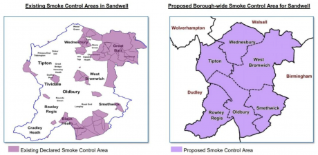 Maps showing current and proposed smoke control areas in Sandwell