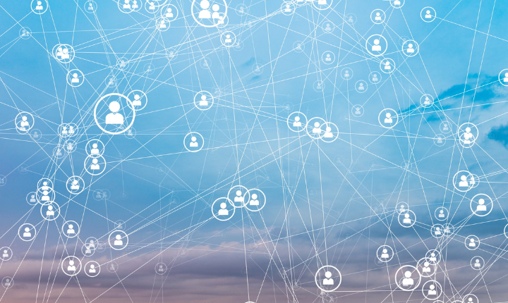 Abstract design of sky with people icons connected by a network, representing 'Shape the Workforce of the Future'