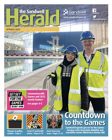 The front page of the Sandwell Herald newspaper showing two people in high vis jackets standing by a swimming pool