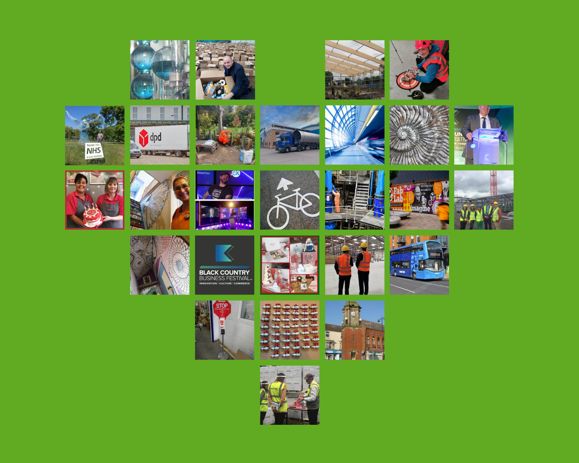 A collection of square photos making the shape of a heart on a green background