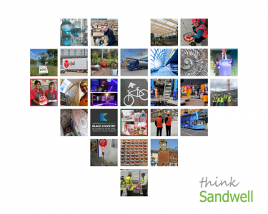 Lots of photos made into the shape of a heart with a Think Sandwell logo in the bottom right corner