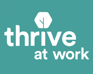 Thrive at Work logo, white text on a green background