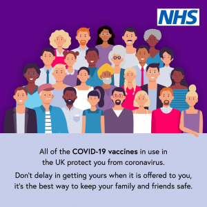 A drawing of 25 diverse people with text urging everyone to get the Covid-19 vaccine and an NHS logo in the corner on a purple background