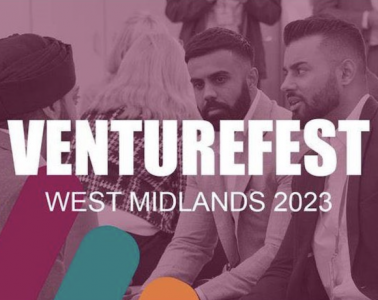 An image of three people talking with the text: Venturefest West Midlands 2023 