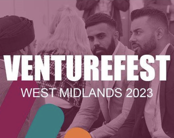 An image of three people talking with the text: Venturefest West Midlands 2023