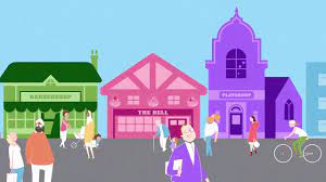 Colourful graphic of buildings and people on a high street
