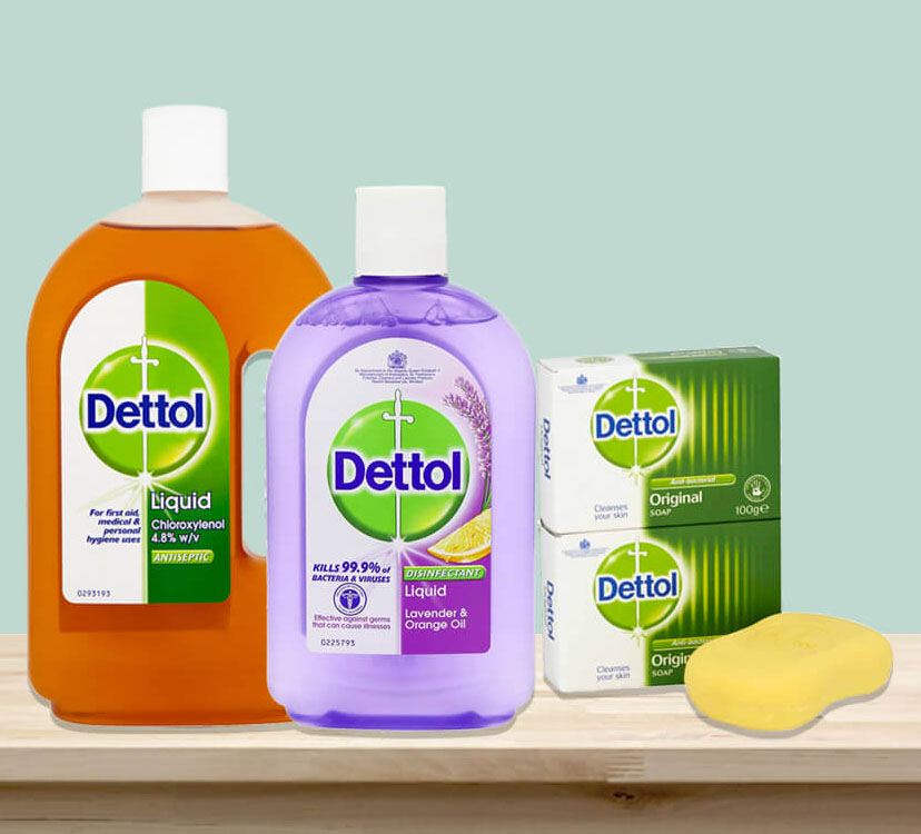 A computer generated image of bottles of Dettol and hand soap on a shelf.