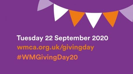 A poster for West Midlands Mayor's Giving Day with the date Tuesday 22 September 2020 in white text on a purple background.