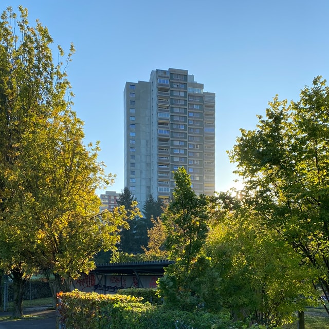 A tall building in the background behind some green trees in the foreground