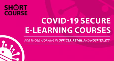 Pink background with the text Covid-19 Secure E-learning courses flyer