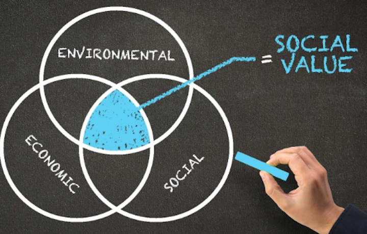 A venn diagram showing three overlapping circles labelled 'environmental', 'economic' and 'social'. The overlapping middle section is labelled 'social value'.